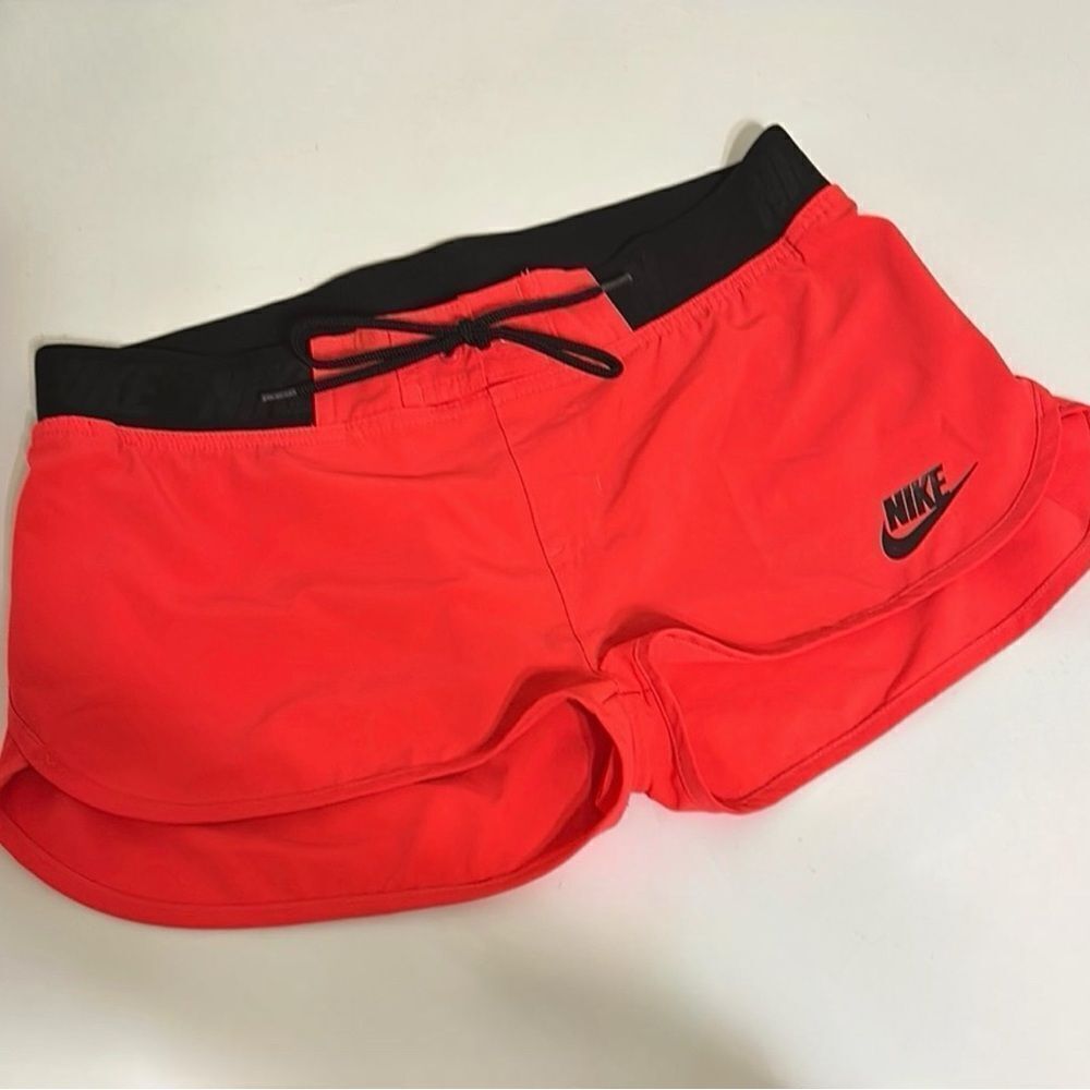 Nike Red Swim Shorts with Black Waistband and Logo